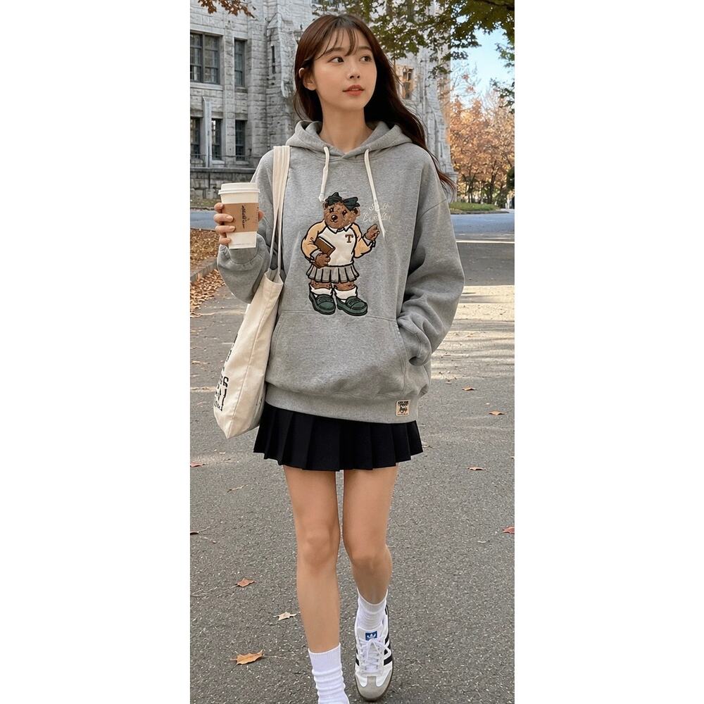 Teenie Weenie Teddy Bear Hoodie Gray Embroidered Korean Fashion Preppy Academia